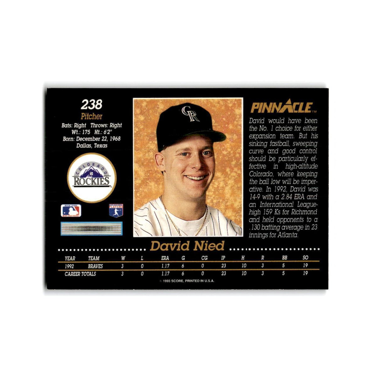 David Nied 1993 Pinnacle #238 Colorado Rockies Baseball Card NM