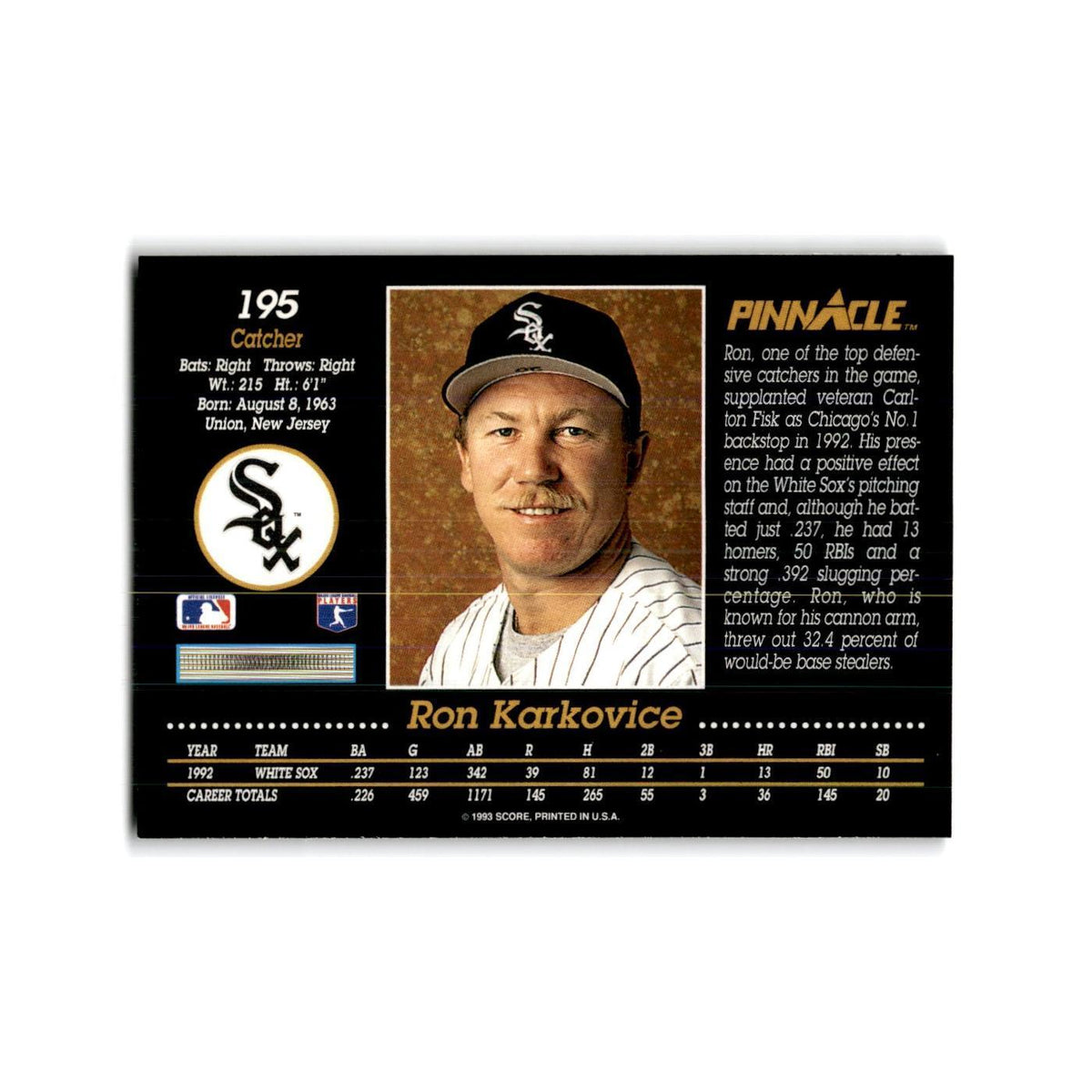 Ron Karkovice 1993 Pinnacle #195 Chicago White Sox Baseball Card NM