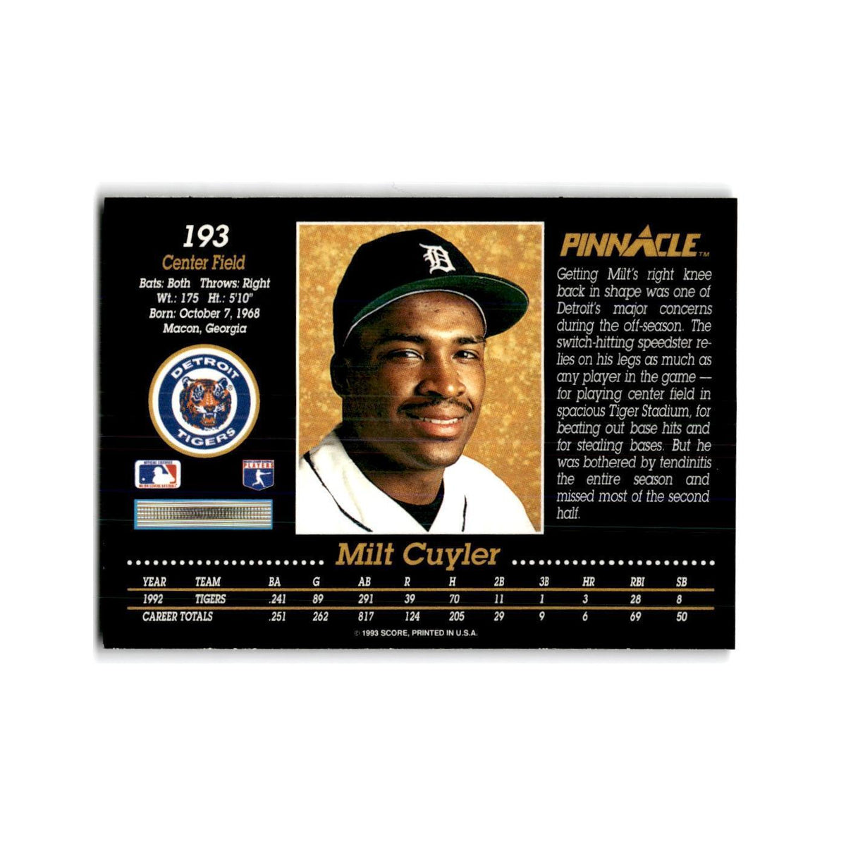 Milt Cuyler 1993 Pinnacle #193 Detroit Tigers Baseball Card NM