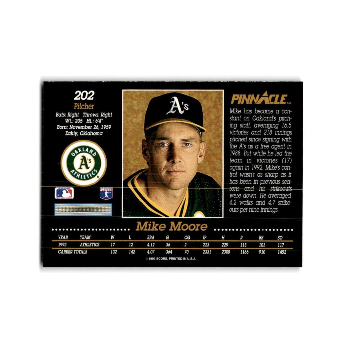 Mike Moore 1993 Pinnacle #202 Oakland Athletics Baseball Card NM