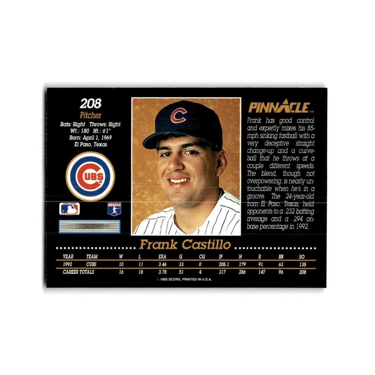 Frank Castillo 1993 Pinnacle #208 Chicago Cubs Baseball Card NM