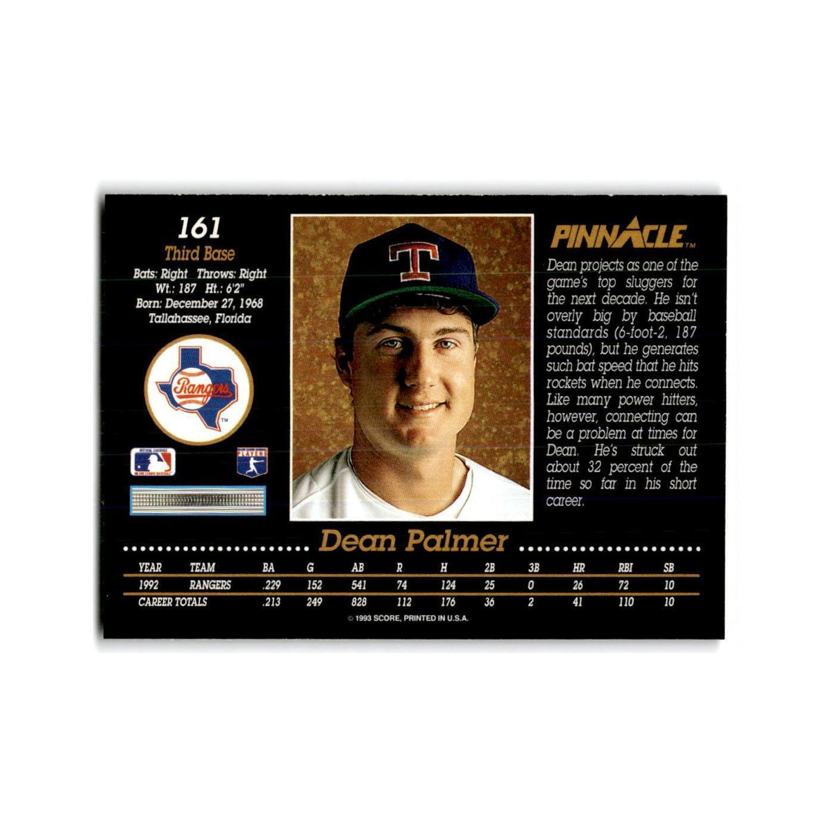 Dean Palmer 1993 Pinnacle #161 Texas Rangers Baseball Card NM