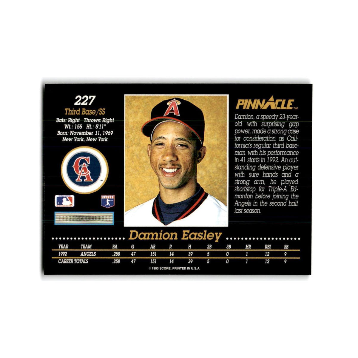 Damion Easley 1993 Pinnacle #227 California Angels Baseball Card NM