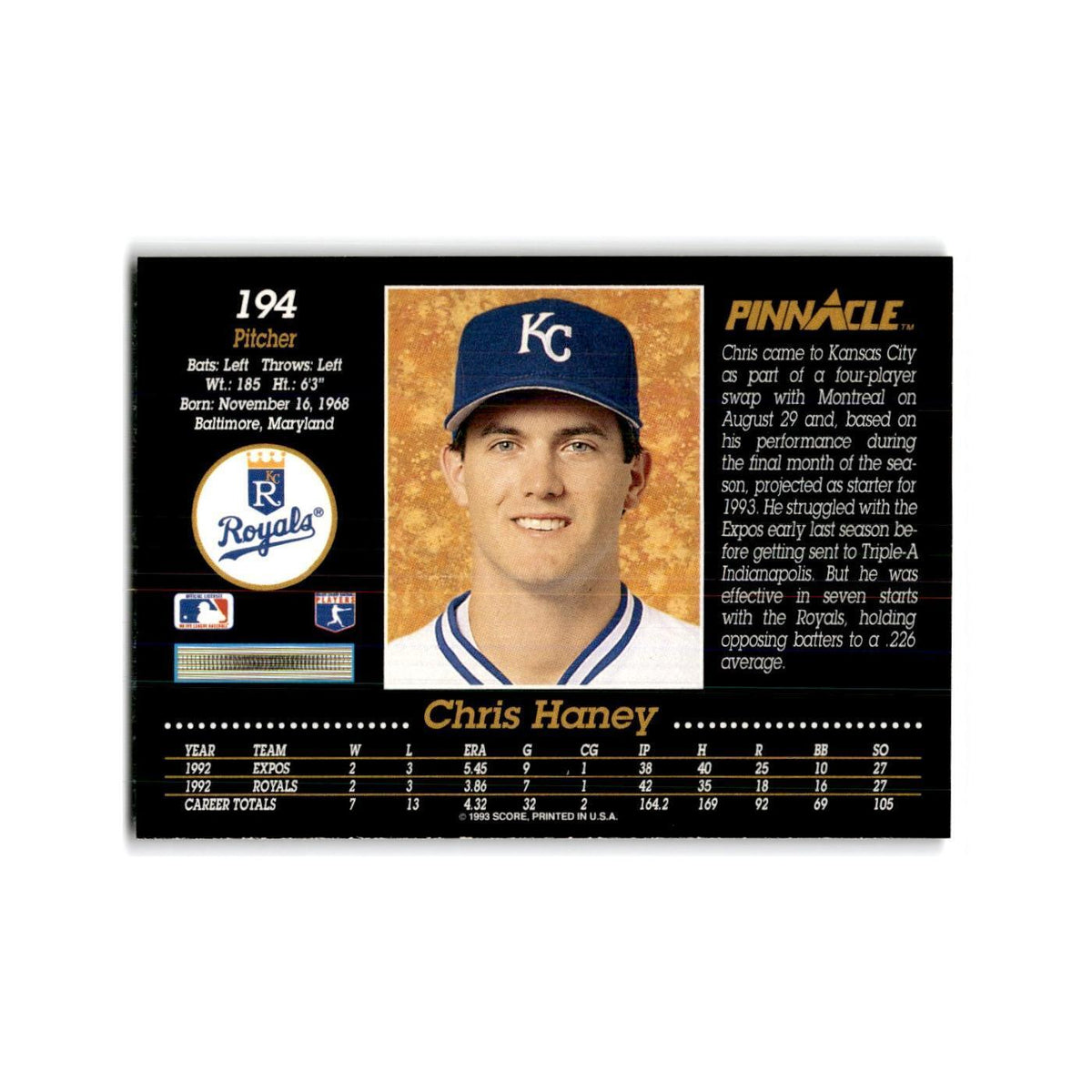 Chris Haney 1993 Pinnacle #194 Kansas City Royals Baseball Card NM