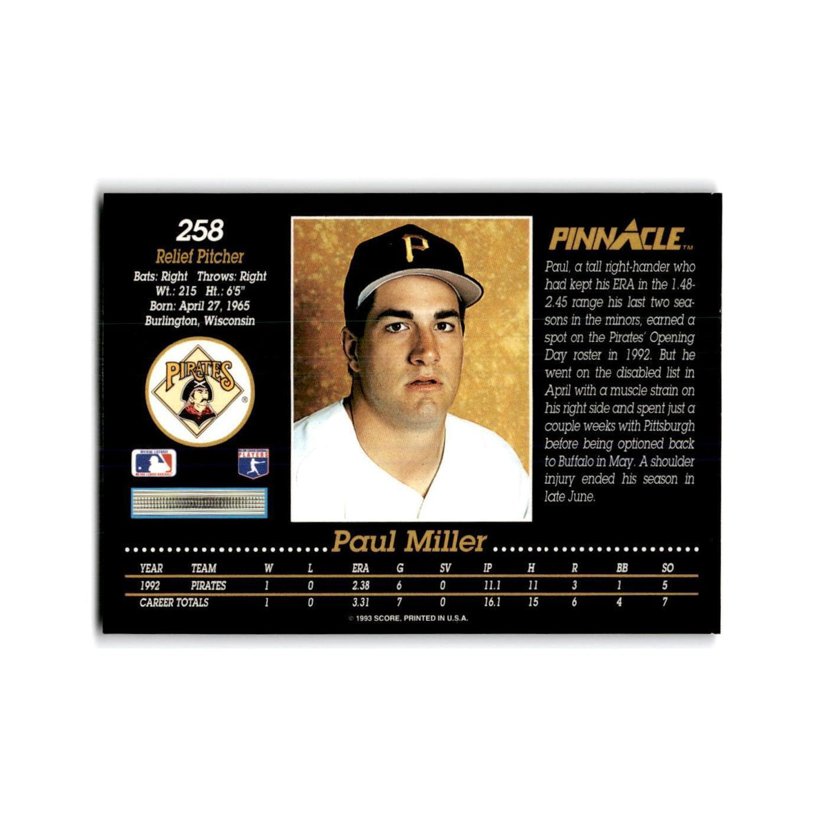 Paul Miller Rookie 1993 Pinnacle #258 Pittsburgh Pirates Baseball Card NM