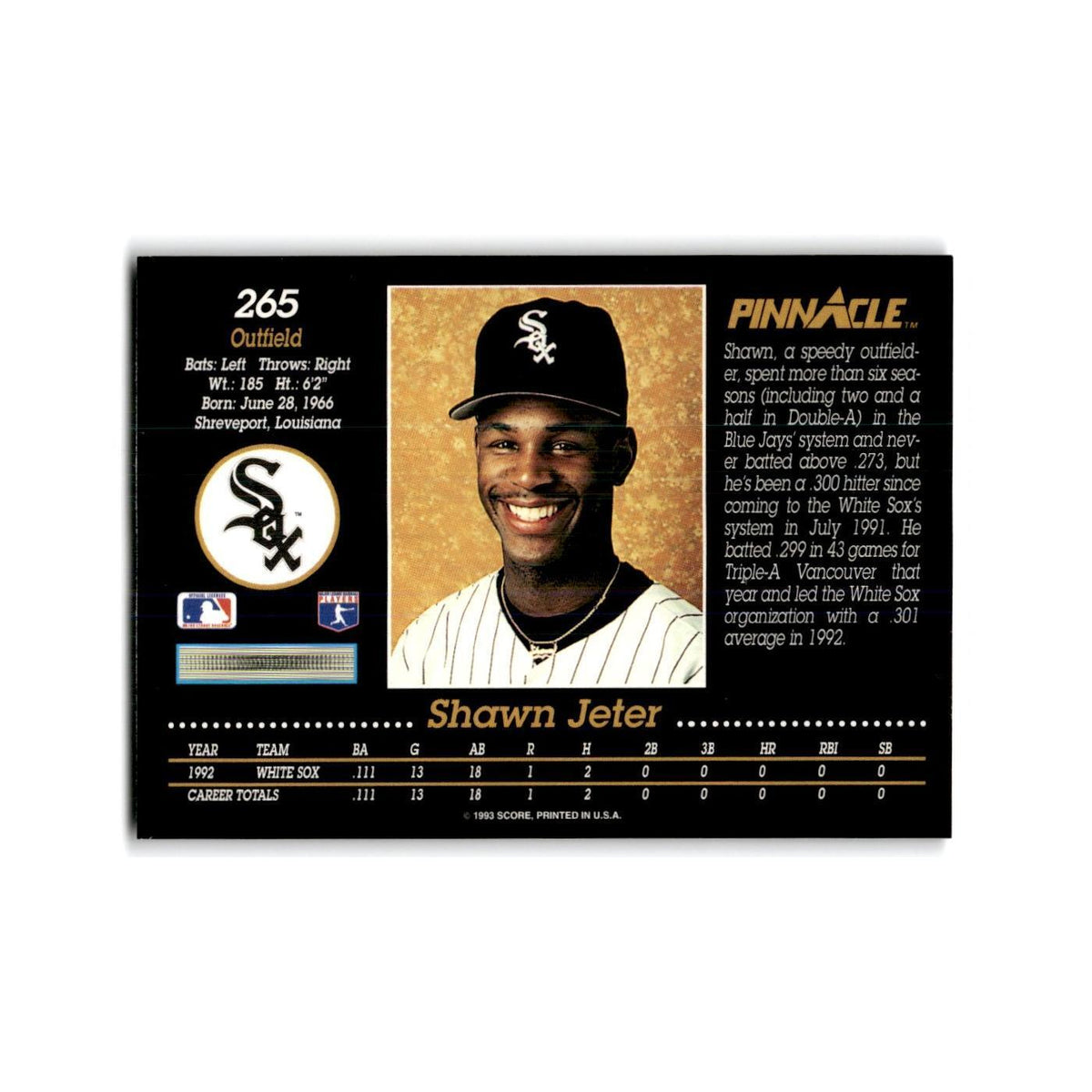 Shawn Jeter Rookie 1993 Pinnacle #265 Chicago White Sox Baseball Card NM