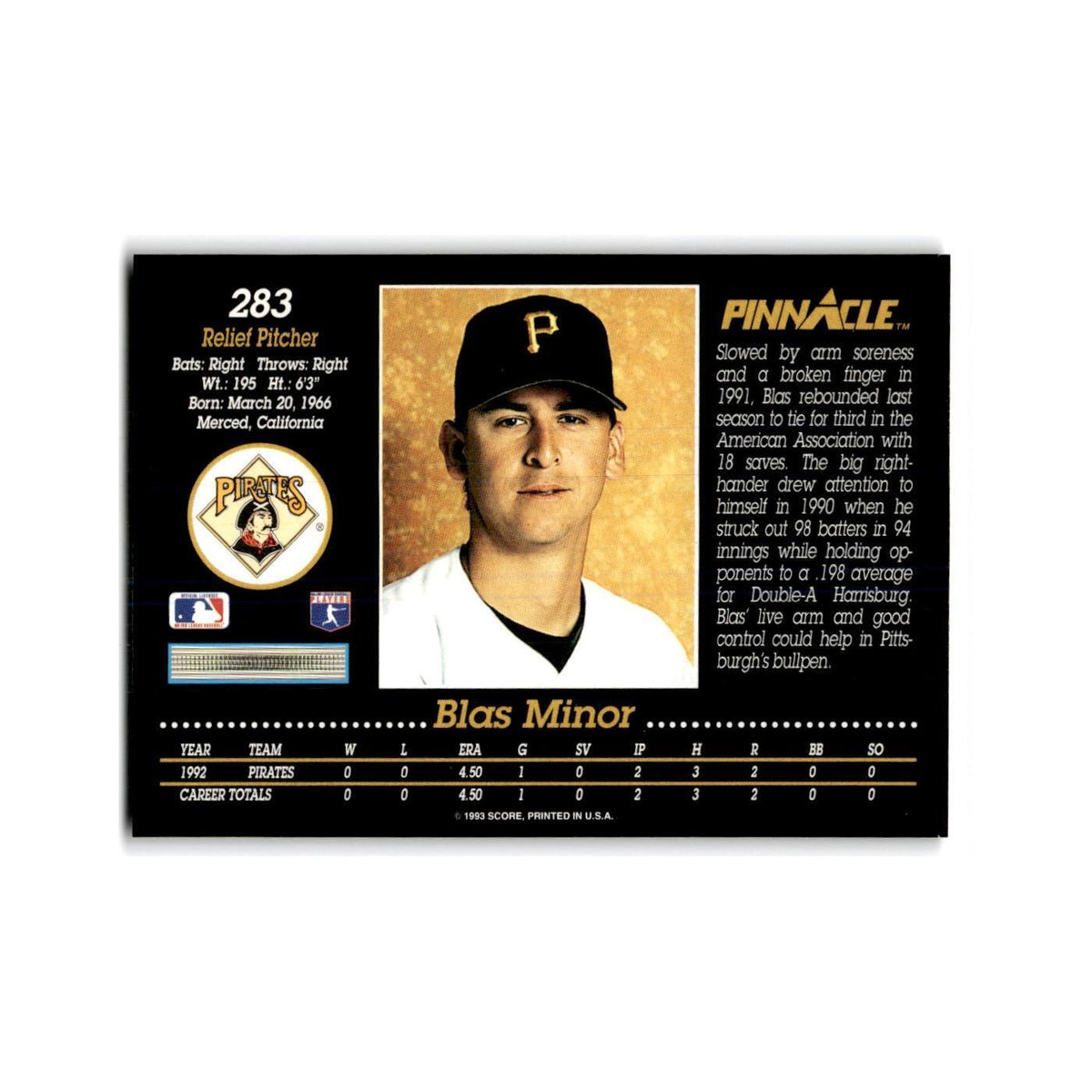 Blas Minor Rookie 1993 Pinnacle #283 Pittsburgh Pirates Baseball Card NM