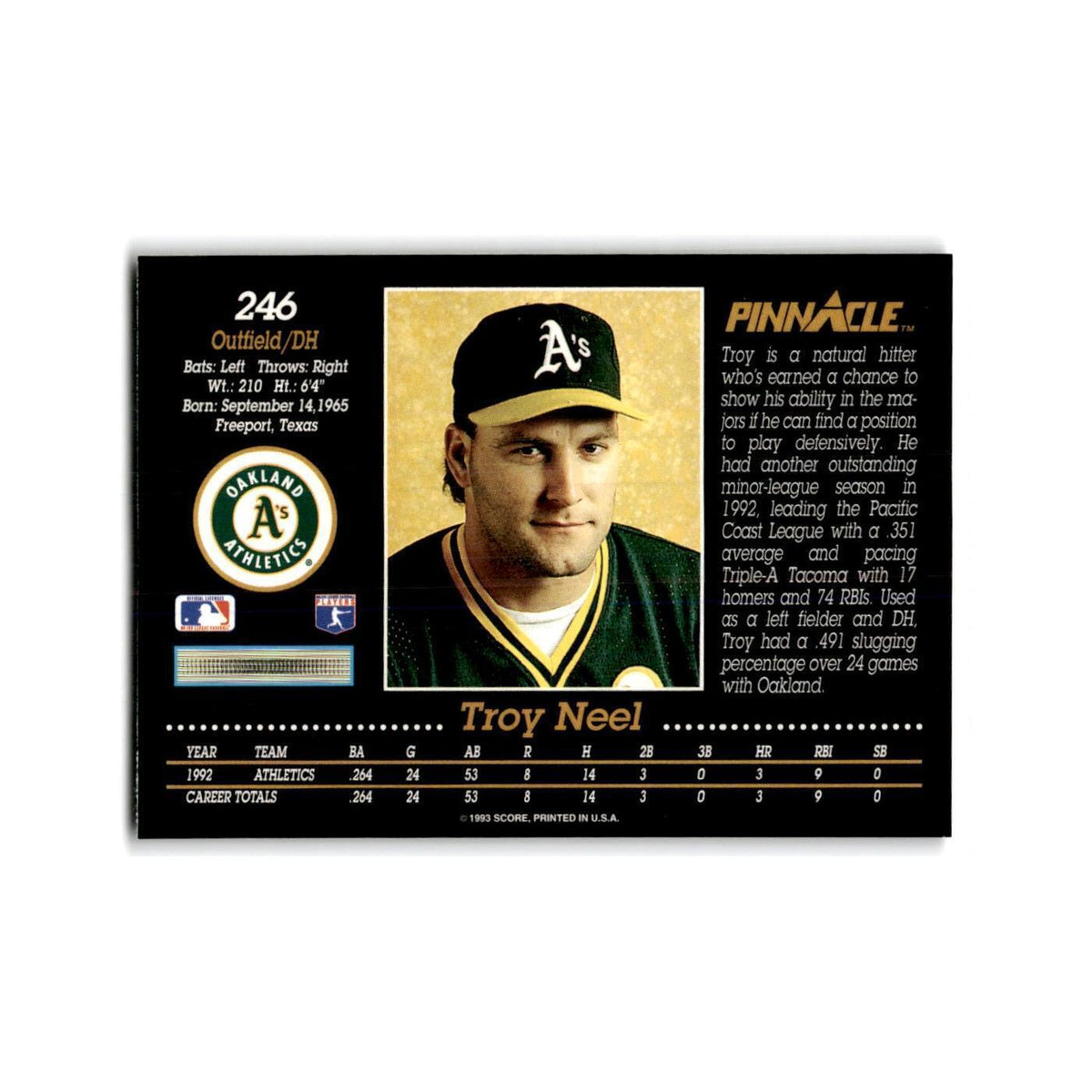 Troy Neel Rookie 1993 Pinnacle #246 Oakland Athletics Baseball Card NM
