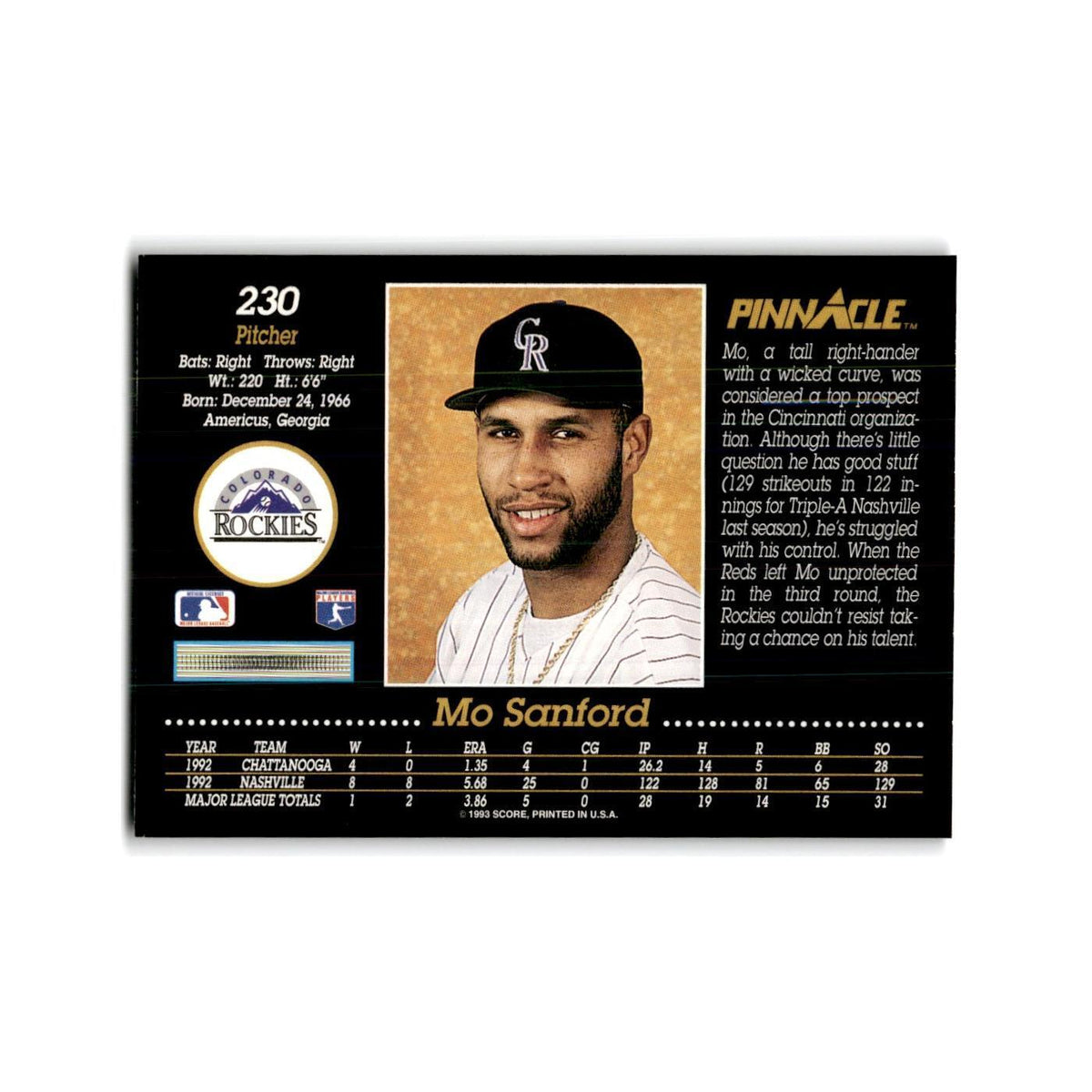 Mo Sanford 1993 Pinnacle #230 Colorado Rockies Baseball Card NM
