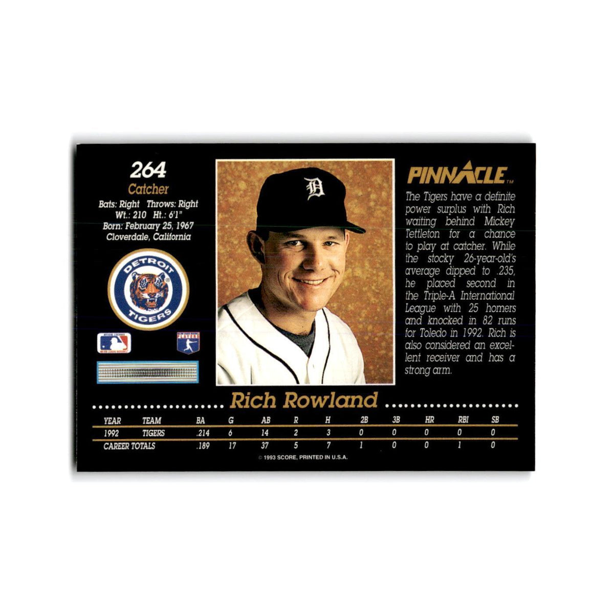 Rich Rowland Rookie 1993 Pinnacle #264 Detroit Tigers Baseball Card NM