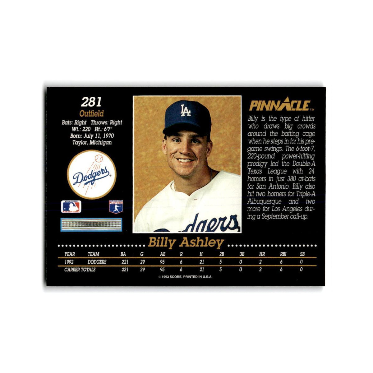 Billy Ashley Rookie 1993 Pinnacle #281 Los Angeles Dodgers Baseball Card NM