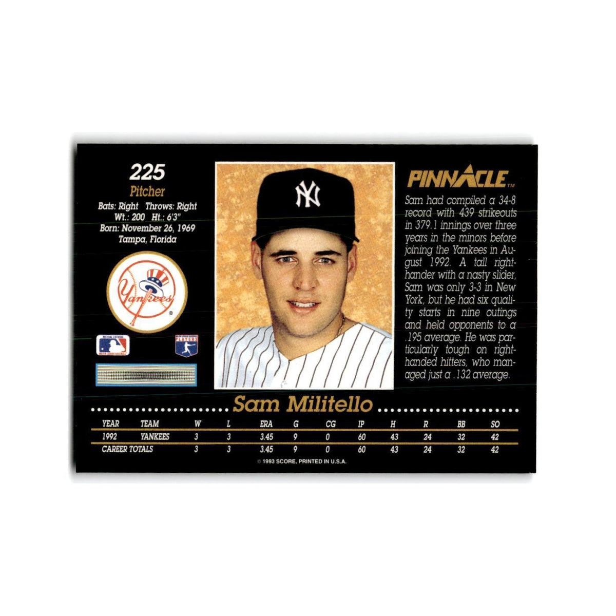 Sam Militello 1993 Pinnacle #225 New York Yankees Baseball Card NM