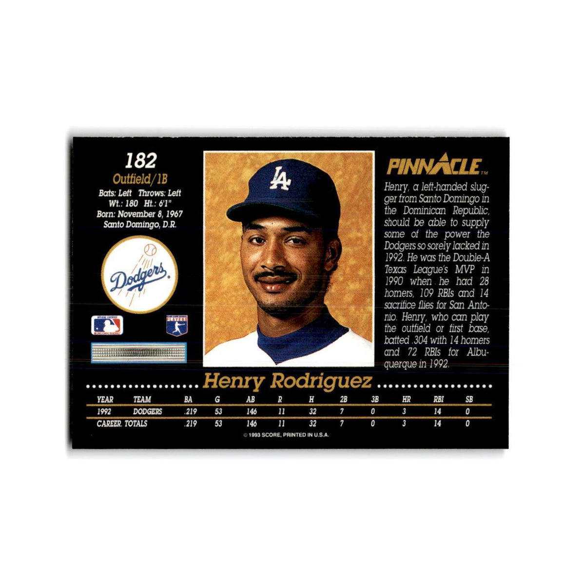 Henry Rodriguez 1993 Pinnacle #182 Los Angeles Dodgers Baseball Card NM