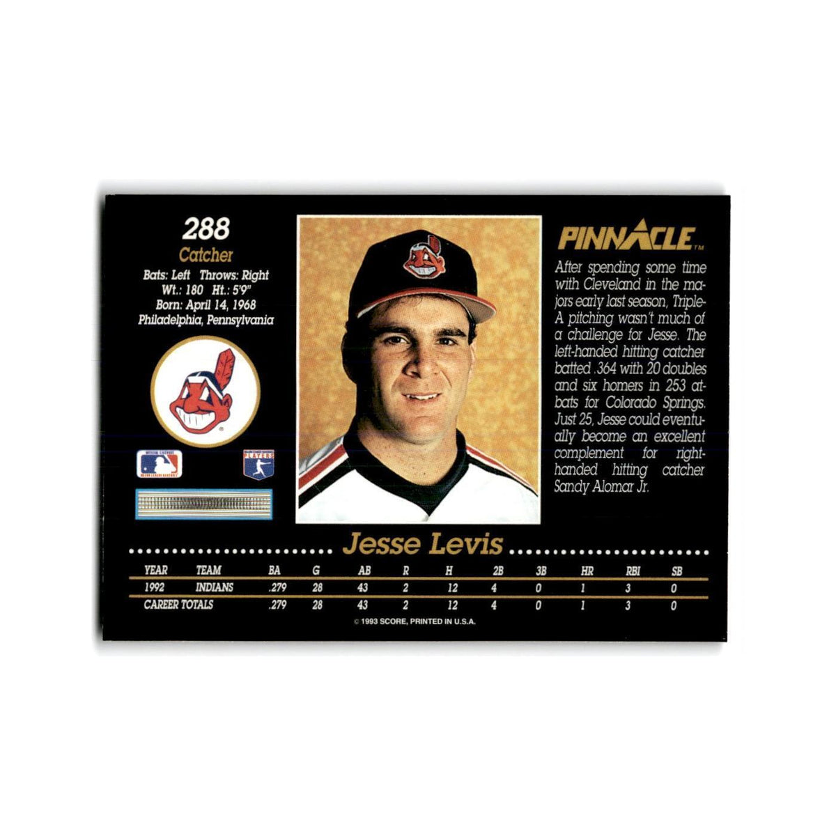 Jesse Levis Rookie 1993 Pinnacle #288 Cleveland Indians Baseball Card NM