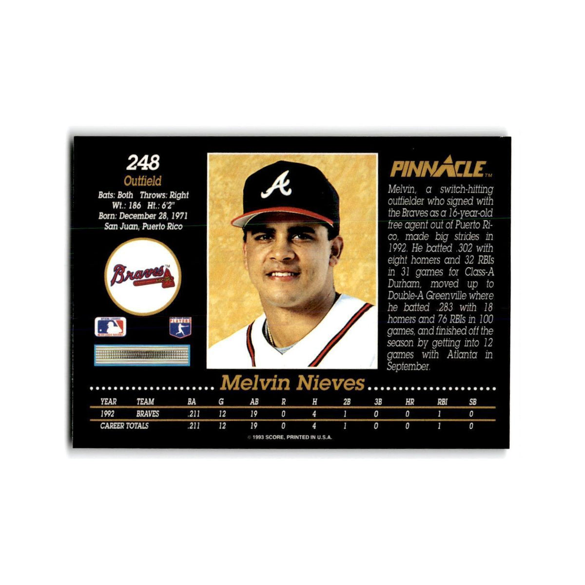 Melvin Nieves Rookie 1993 Pinnacle #248 Atlanta Braves Baseball Card NM