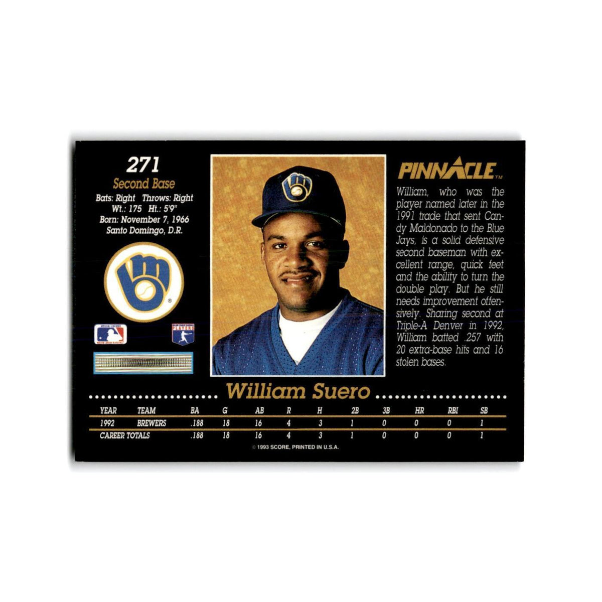 William Suero Rookie 1993 Pinnacle #271 Milwaukee Brewers Baseball Card NM