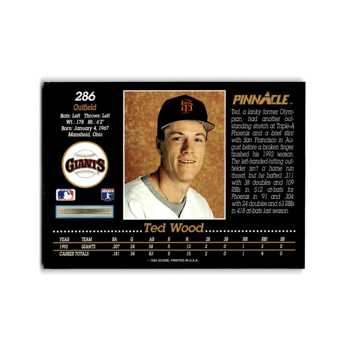 Ted Wood Rookie 1993 Pinnacle #286 San Francisco Giants Baseball Card NM