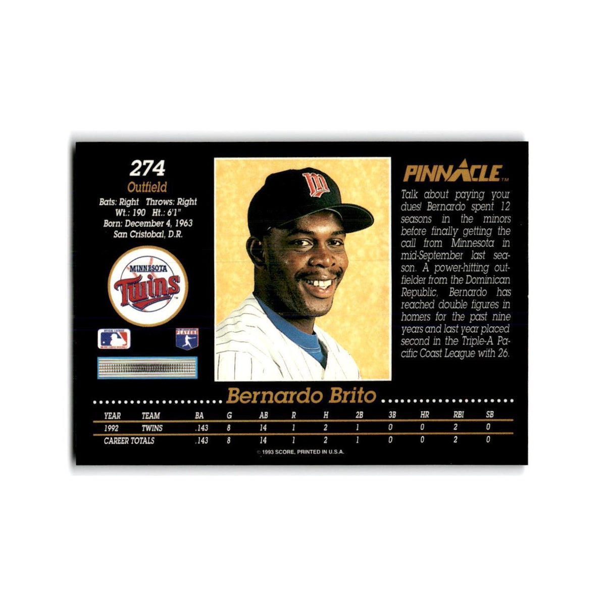 Bernardo Brito Rookie 1993 Pinnacle #274 Minnesota Twins Baseball Card NM