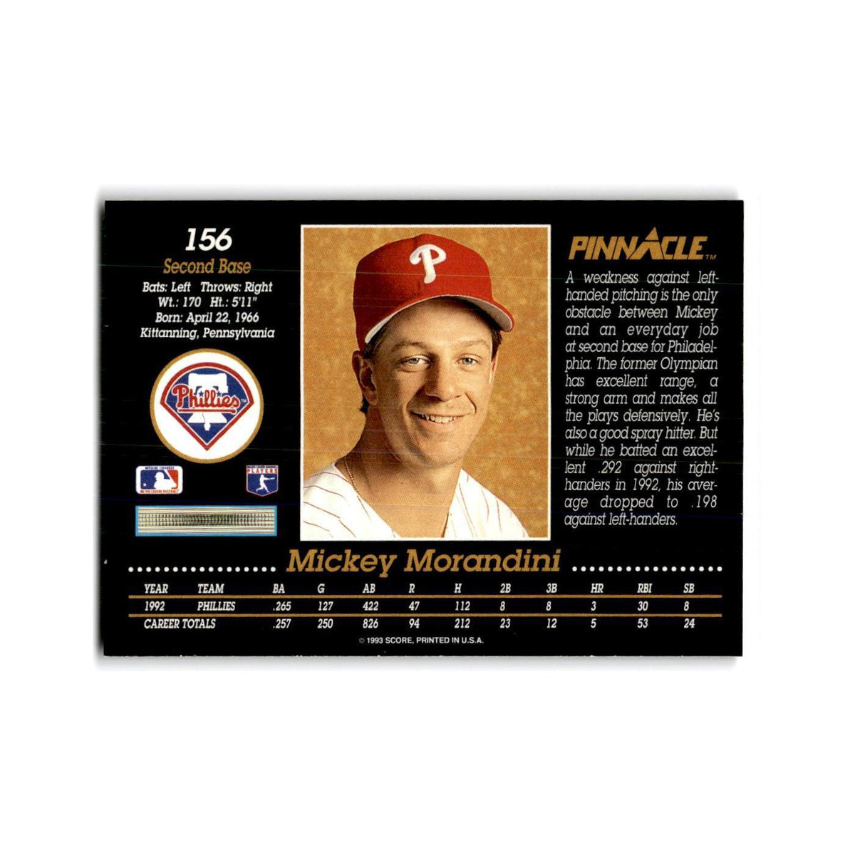 Mickey Morandini 1993 Pinnacle #156 Philadelphia Phillies Baseball Card NM