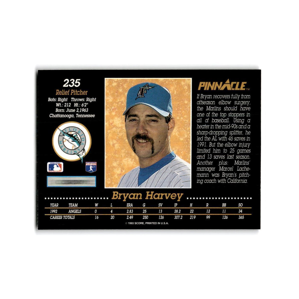 Bryan Harvey 1993 Pinnacle #235 Florida Marlins Baseball Card NM
