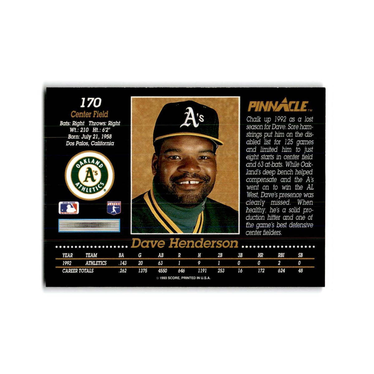 Dave Henderson 1993 Pinnacle #170 Oakland Athletics Baseball Card NM