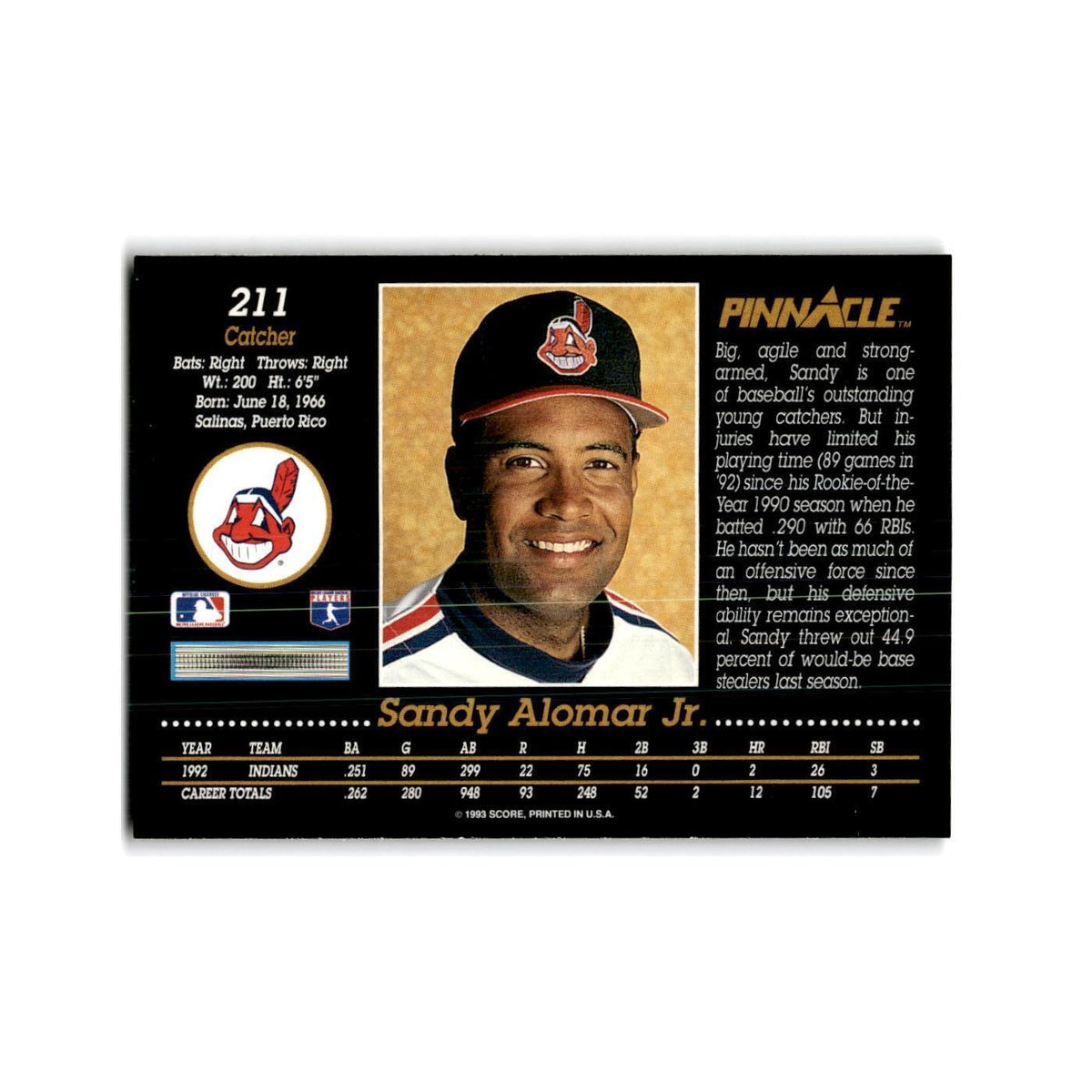 Sandy Alomar Jr. 1993 Pinnacle #211 Cleveland Indians Baseball Card NM