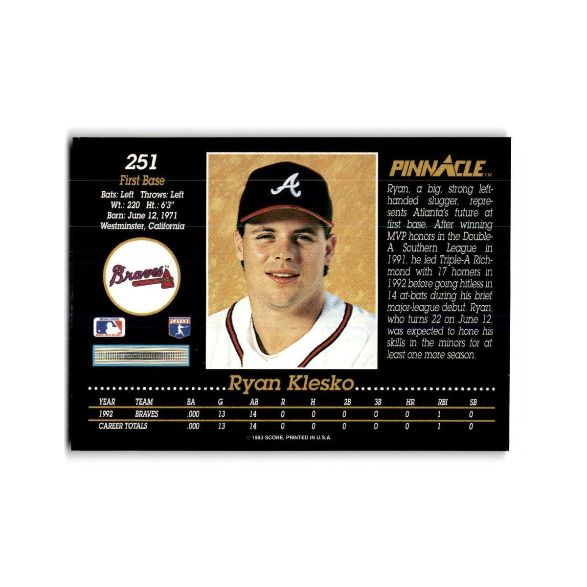 Ryan Klesko Rookie 1993 Pinnacle #251 Atlanta Braves Baseball Card NM