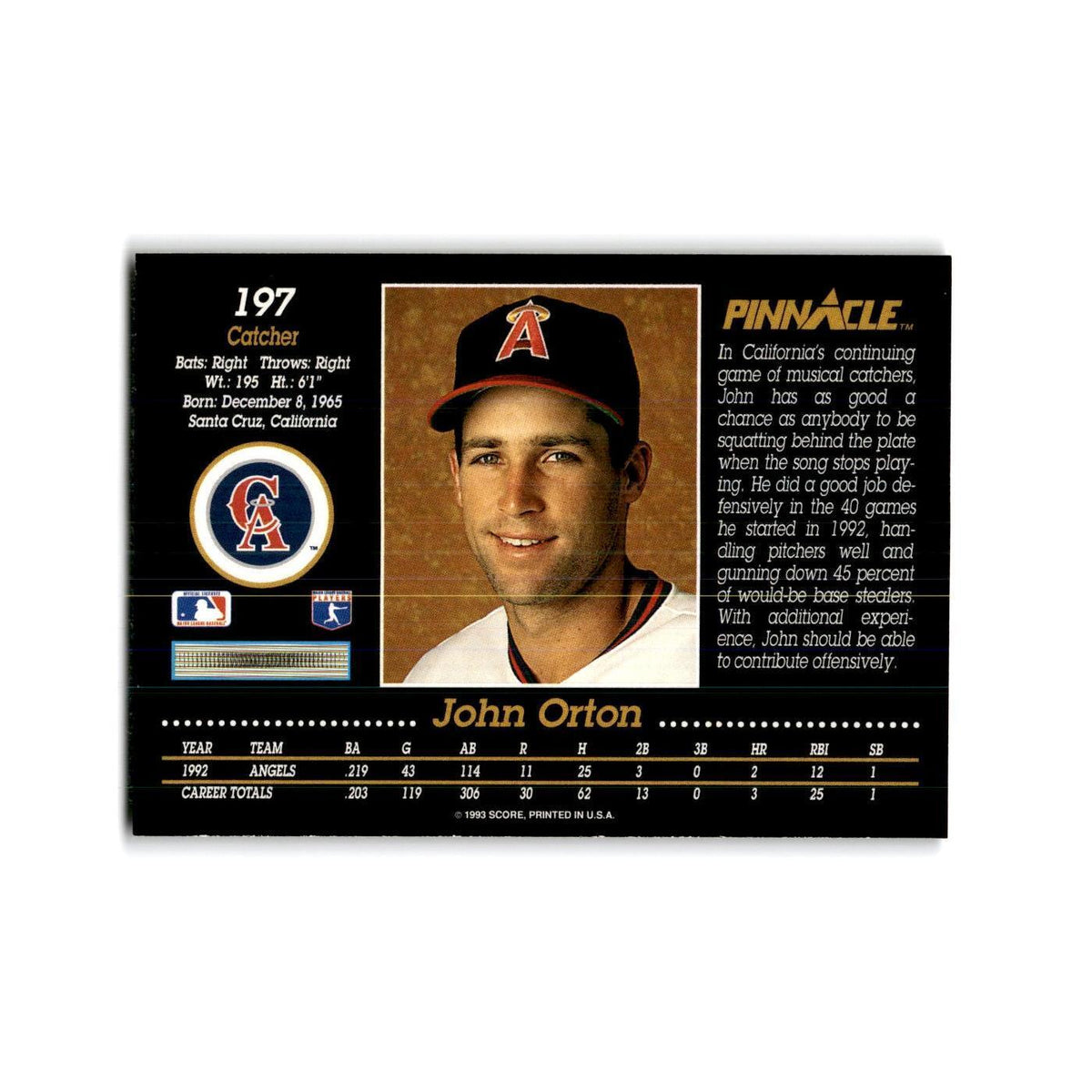 John Orton 1993 Pinnacle #197 California Angels Baseball Card NM