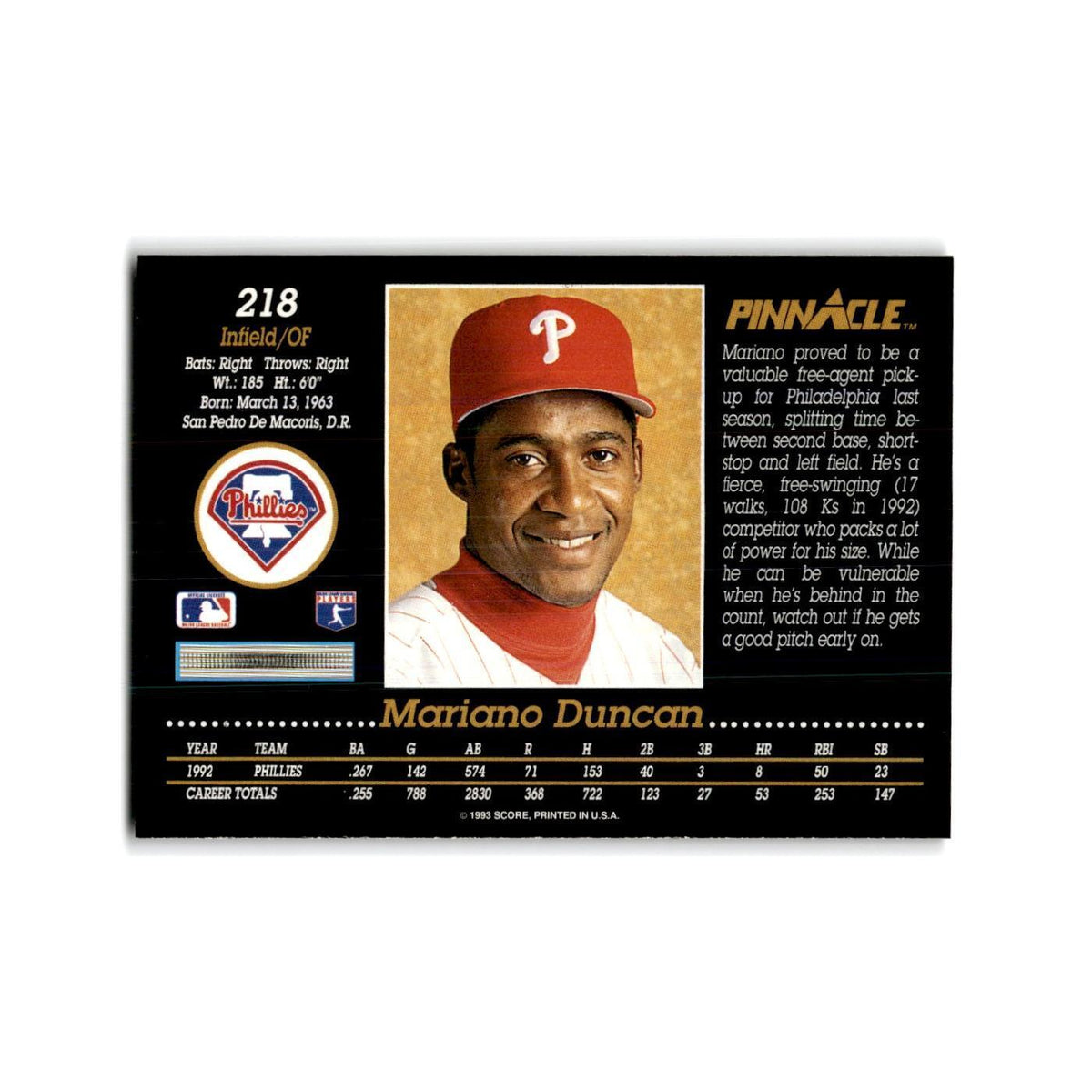 Mariano Duncan 1993 Pinnacle #218 Philadelphia Phillies Baseball Card NM