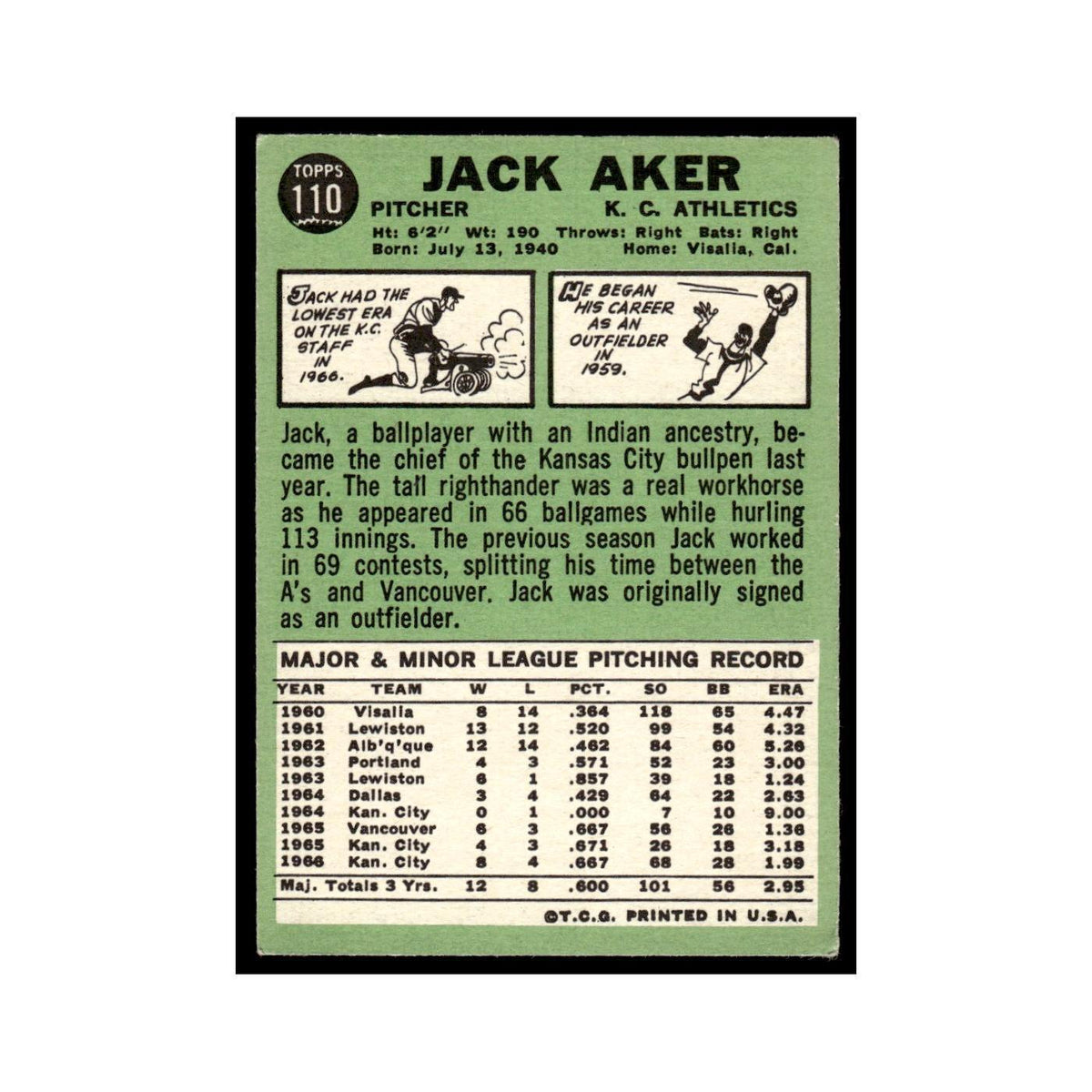 1967 Topps Baseball Card Jack Aker Kansas City Athletics #110