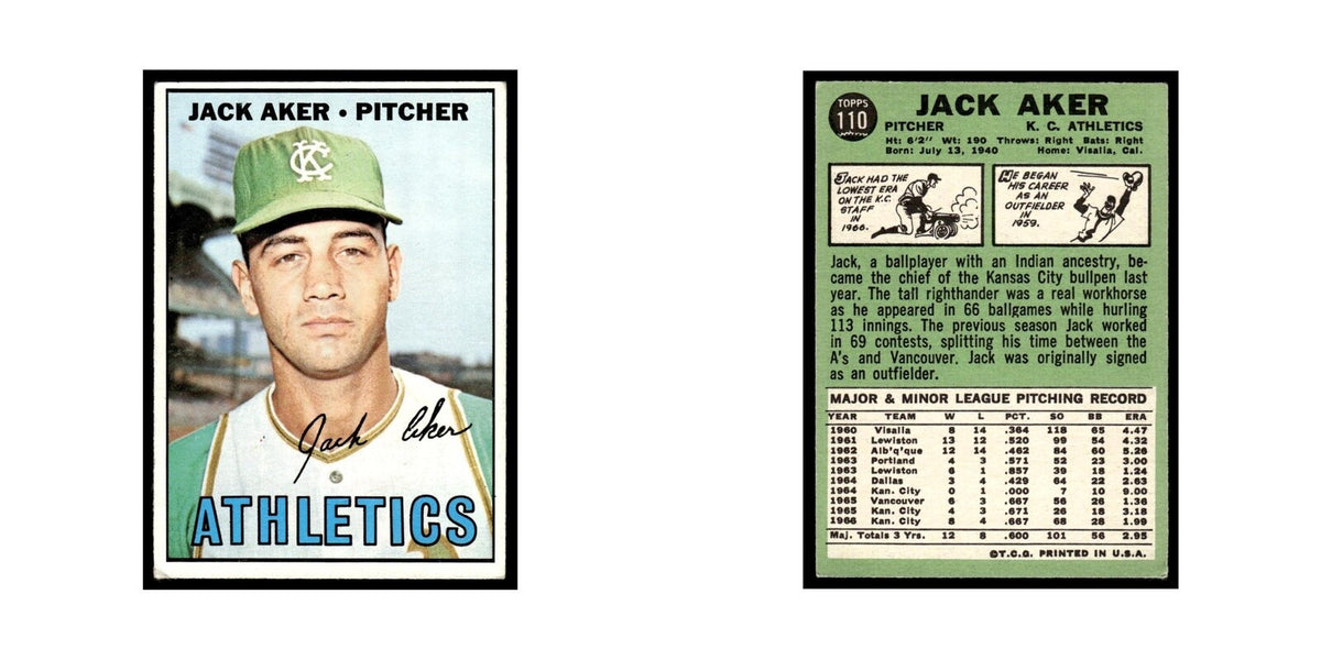 1967 Topps Baseball Card Jack Aker Kansas City Athletics #110