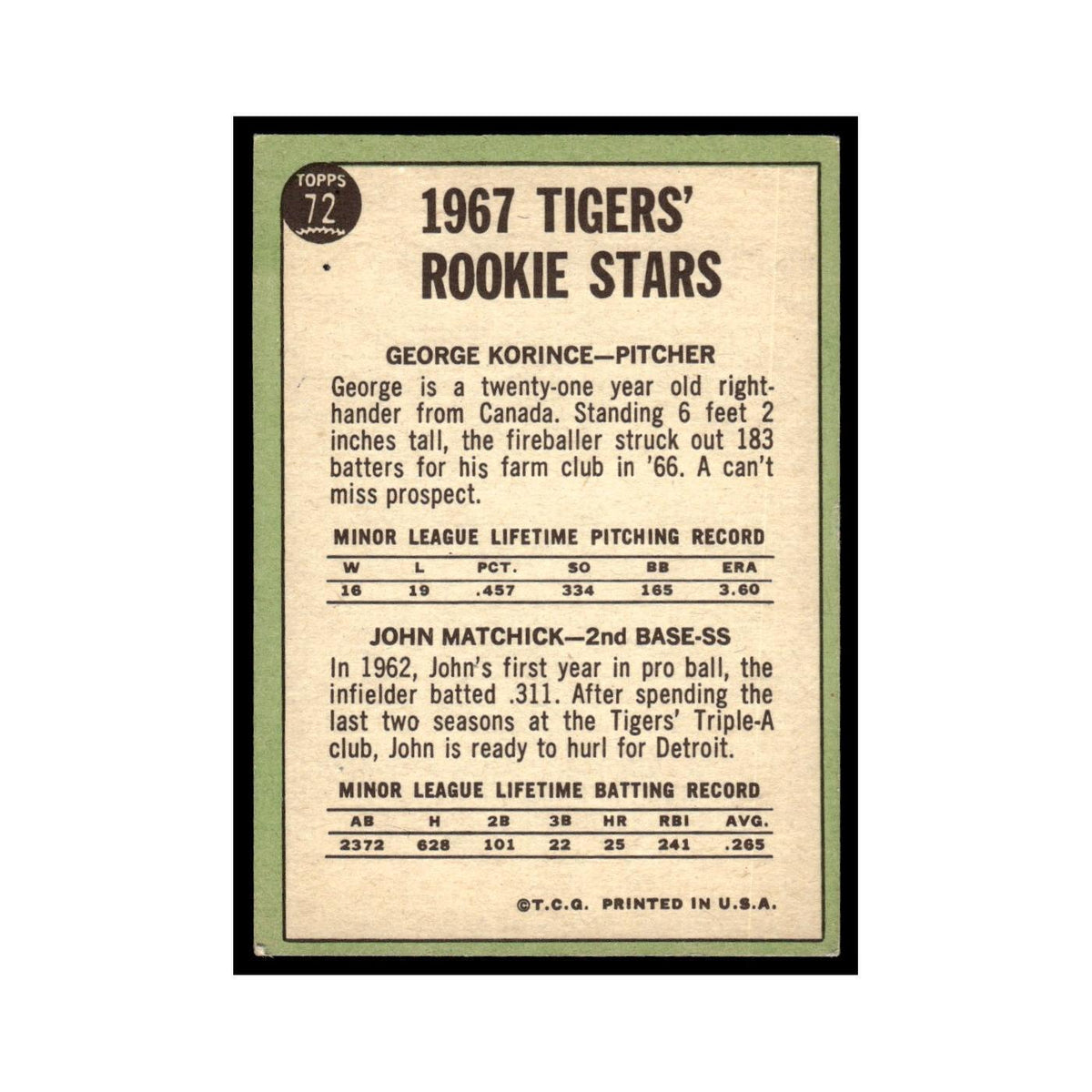 1967 Topps Baseball Card George Korince/Tom Matchick RC Tigers #72
