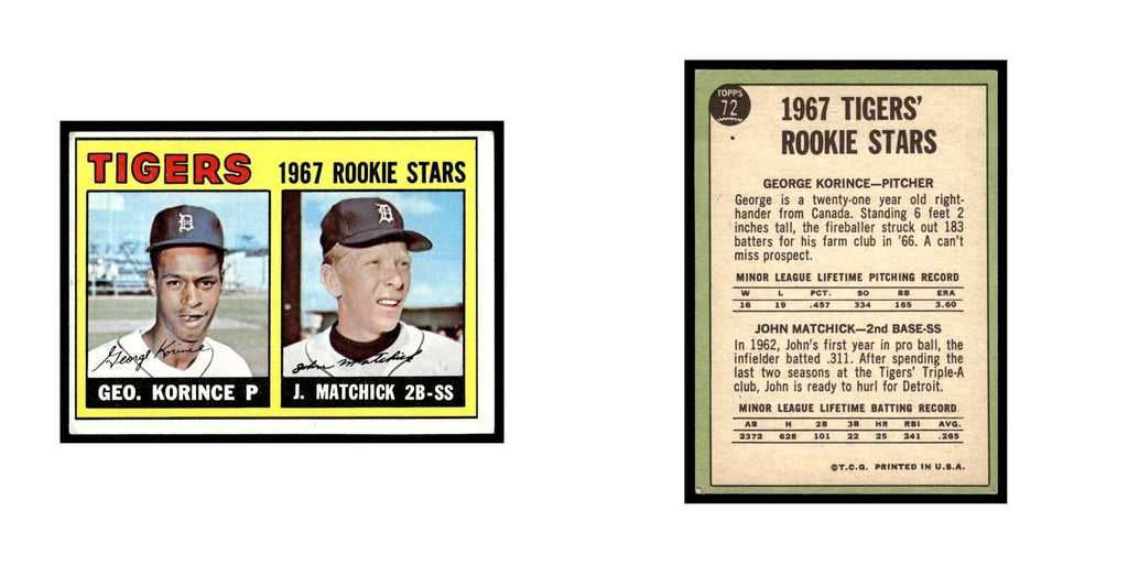 1967 Topps Baseball Card George Korince/Tom Matchick RC Tigers #72