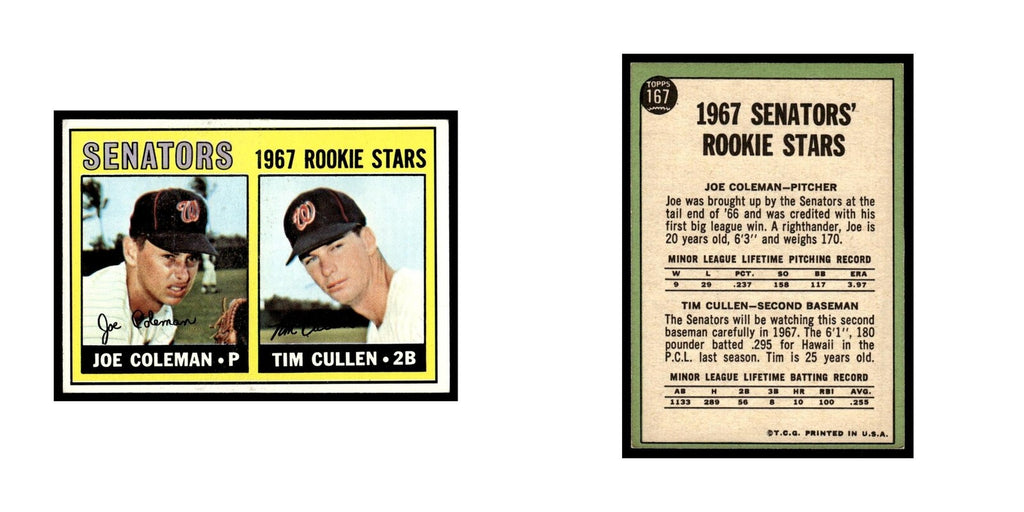 1967 Topps Baseball Card Joe Coleman/Tim Cullen RC Washington Senators #167