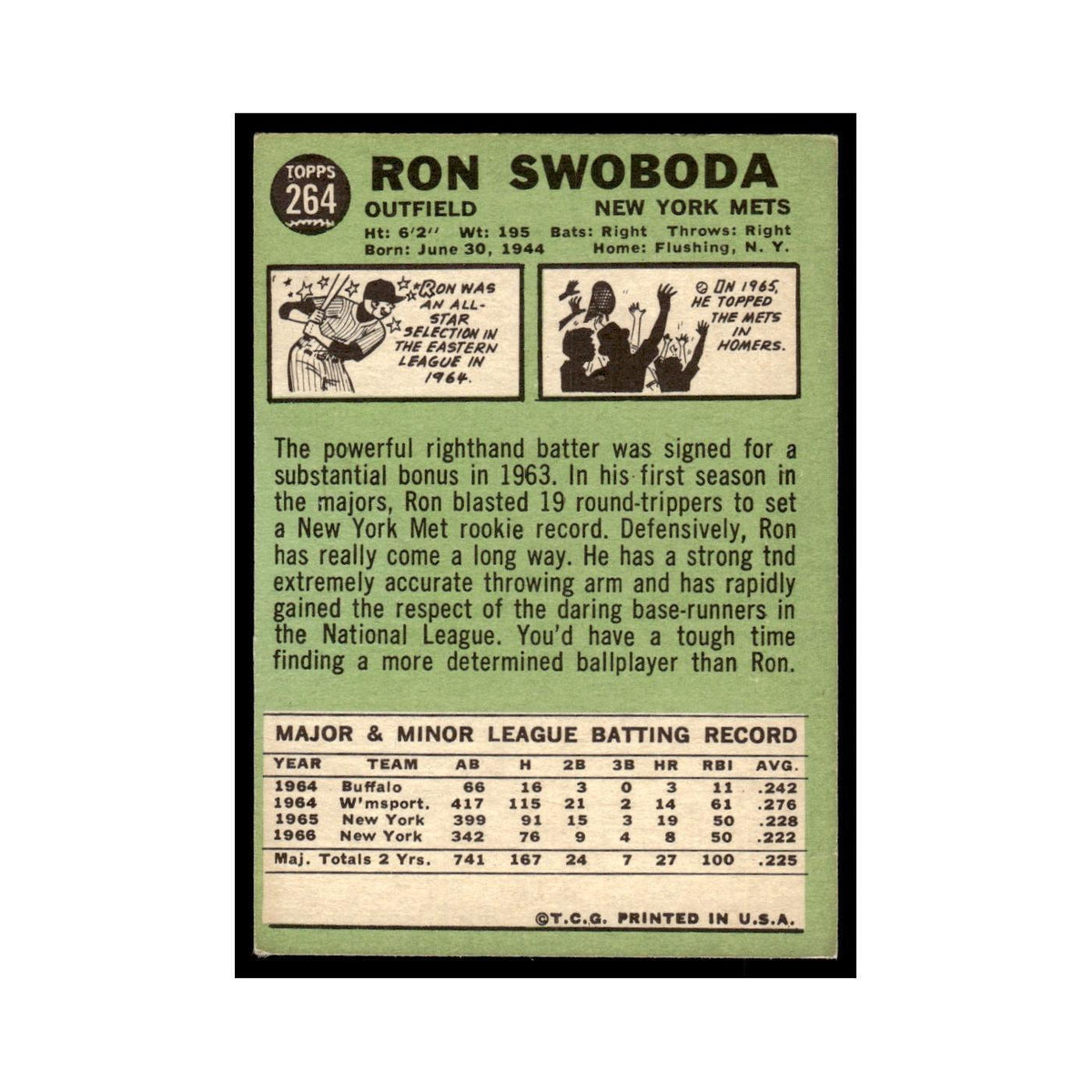 1967 Topps Baseball Card (Damaged) Ron Swoboda Mets #264