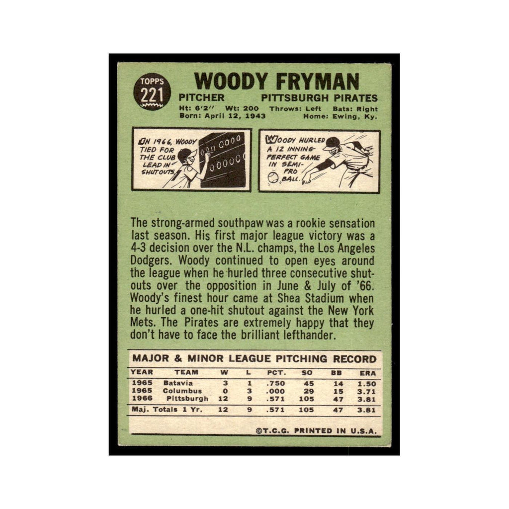 1967 Topps Baseball Card Woody Fryman RC Pirates #221