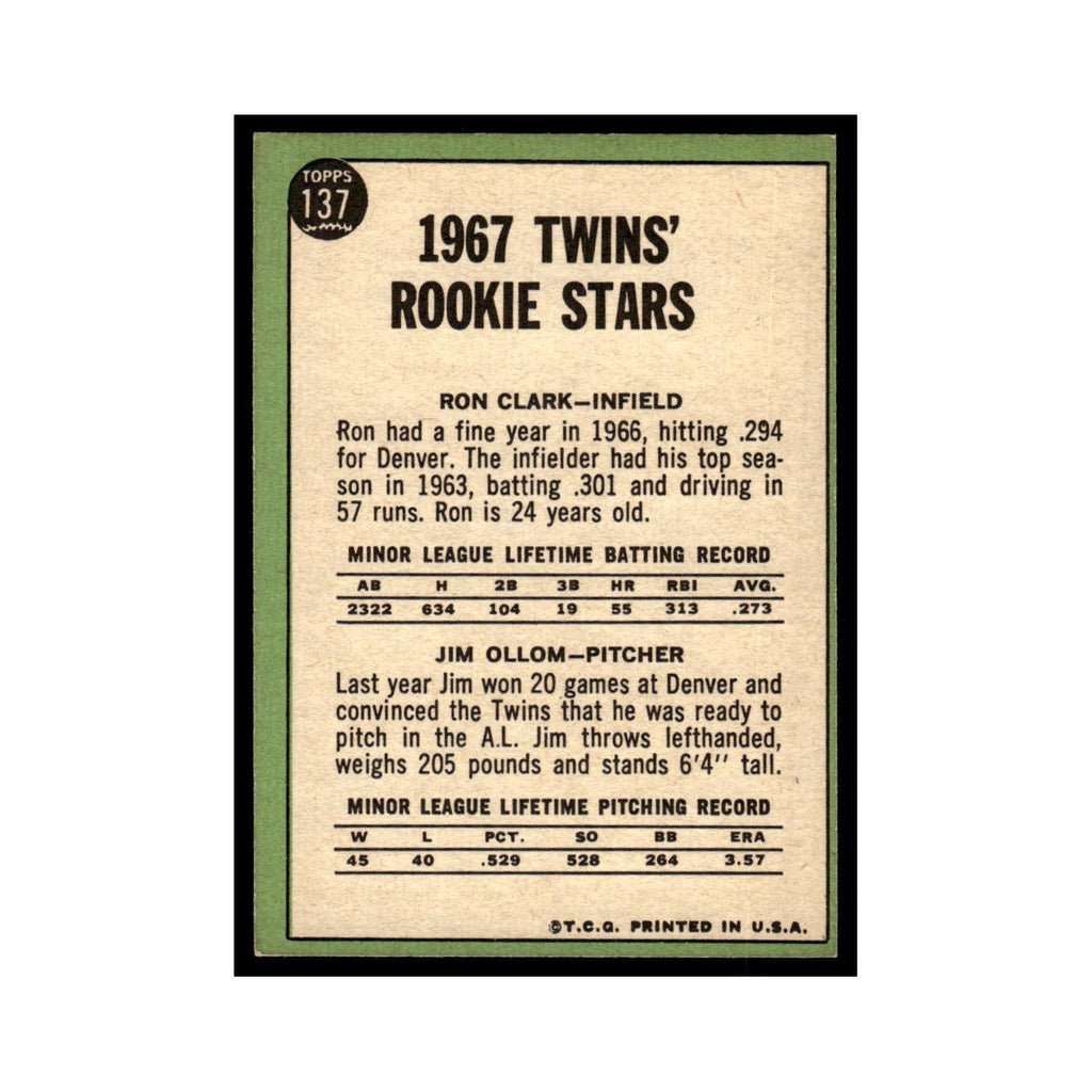 1967 Topps Baseball Card Ron Clark/Jim Ollom RC Twins #137