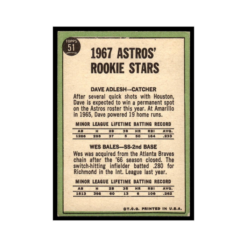 1967 Topps Baseball Card (Damaged) Dave Adlesh/Wes Bales RC Astros #51