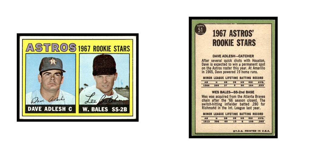 1967 Topps Baseball Card (Damaged) Dave Adlesh/Wes Bales RC Astros #51