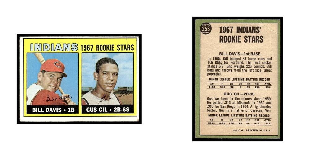 1967 Topps Baseball Card (Damaged) Bill Davis/Gus Gil RC Indians #253