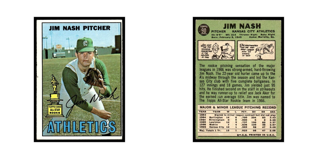 1967 Topps Baseball Card Jim Nash RC Kansas City Athletics #90
