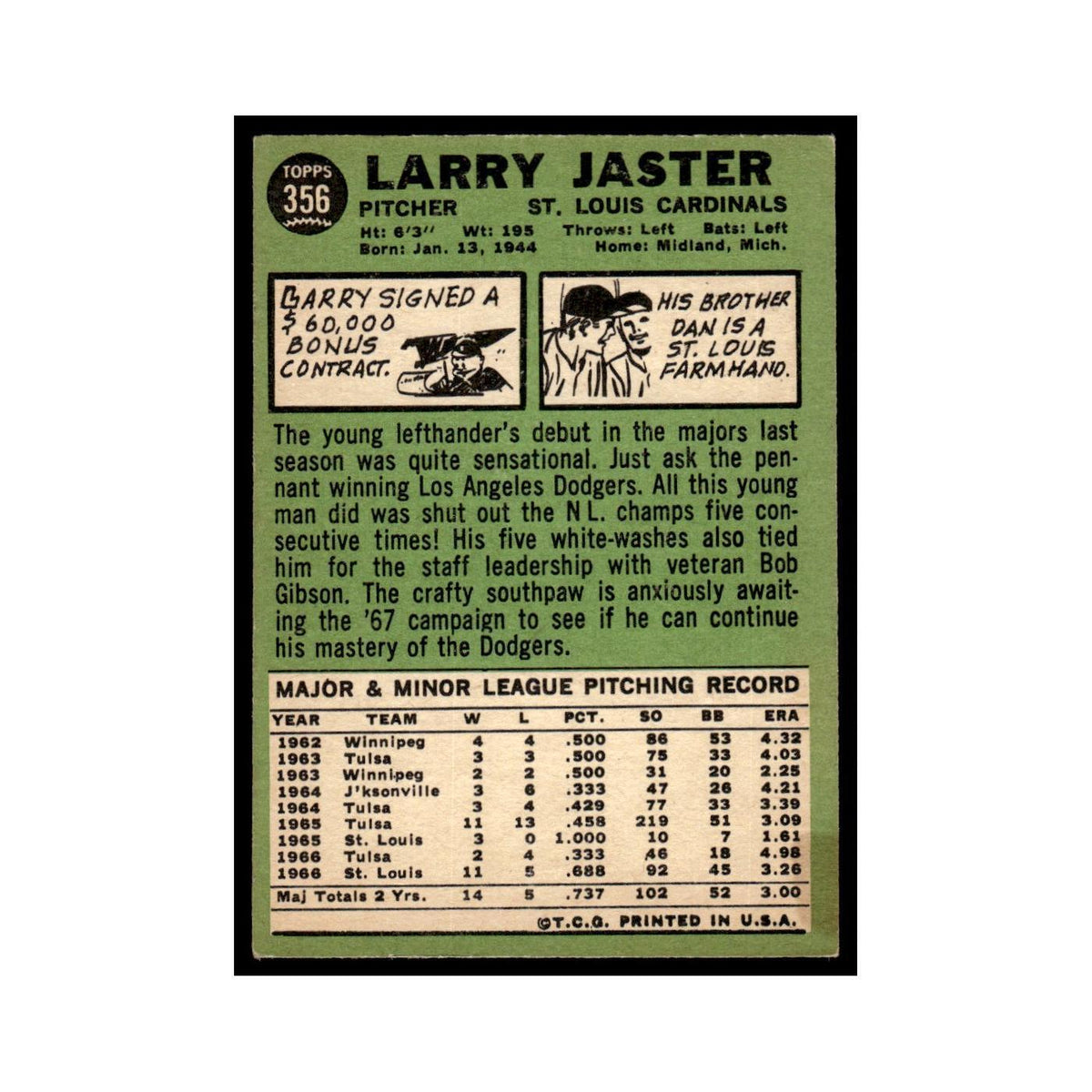 1967 Topps Baseball Card Larry Jaster RC Cardinals #356