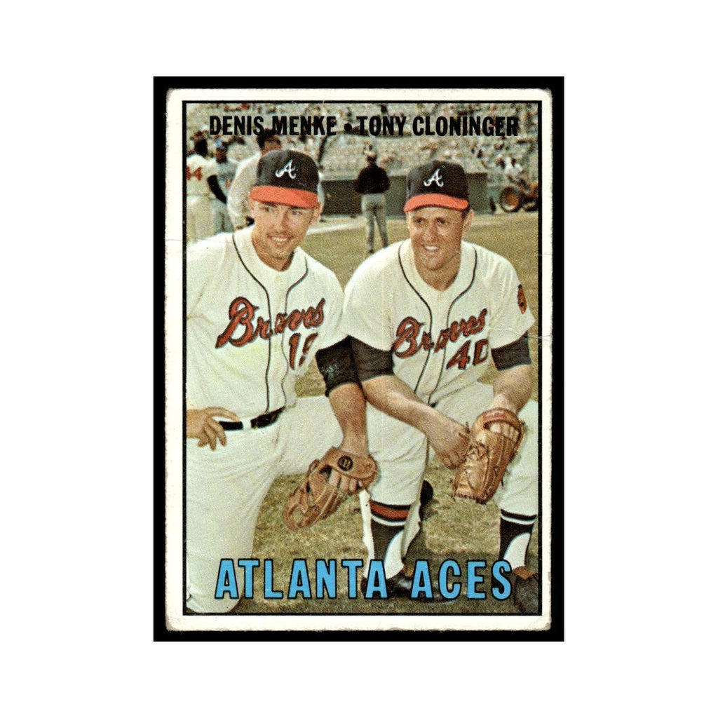 1967 Topps Baseball Card (Damaged) Denis Menke/Tony Cloninger Braves #396