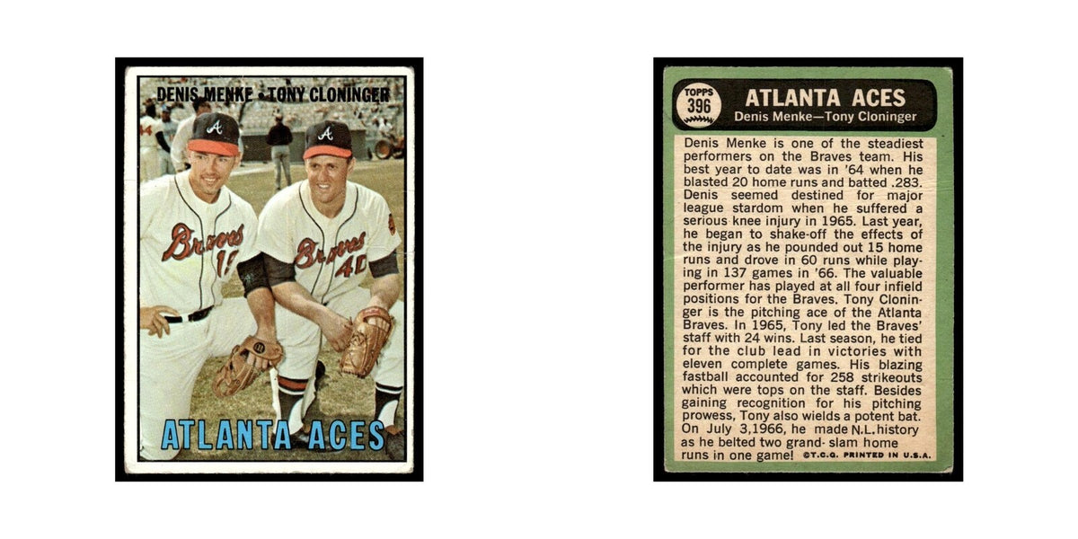 1967 Topps Baseball Card (Damaged) Denis Menke/Tony Cloninger Braves #396