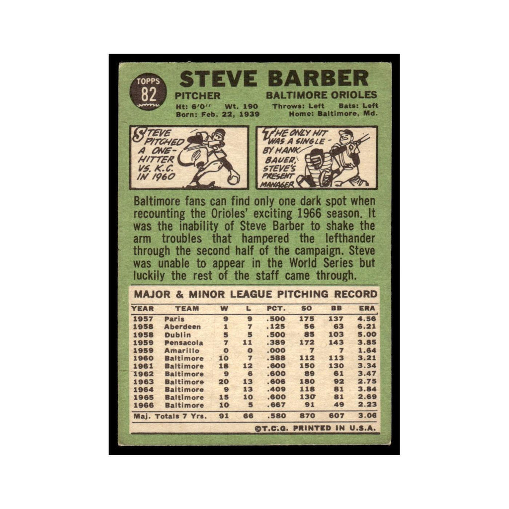 1967 Topps Baseball Card Steve Barber Orioles #82