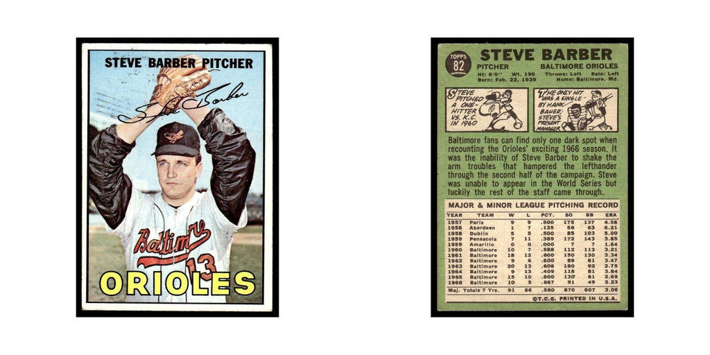 1967 Topps Baseball Card Steve Barber Orioles #82