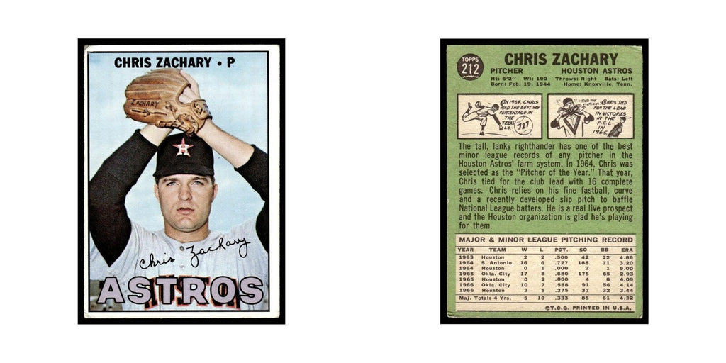 1967 Topps Baseball Card Chris Zachary Astros #212
