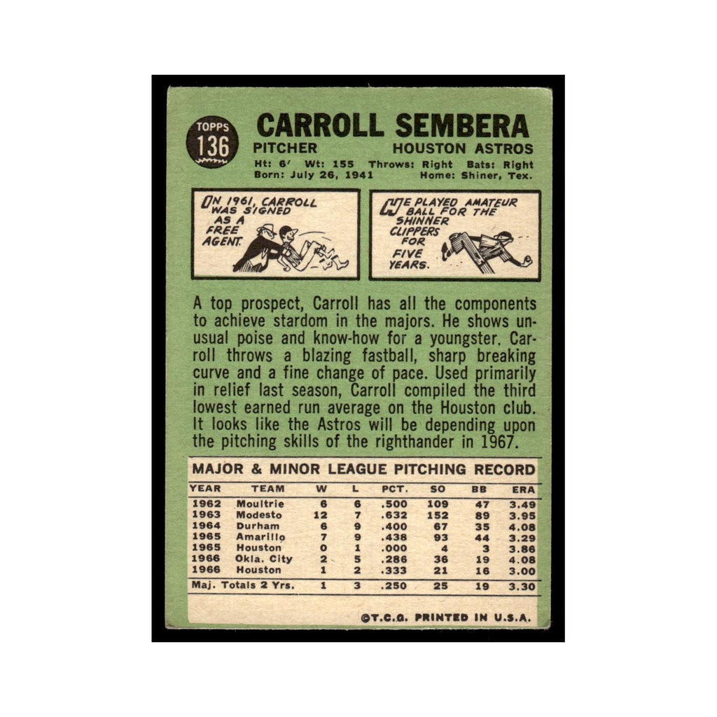 1967 Topps Baseball Card (Damaged) Carroll Sembera Astros #136