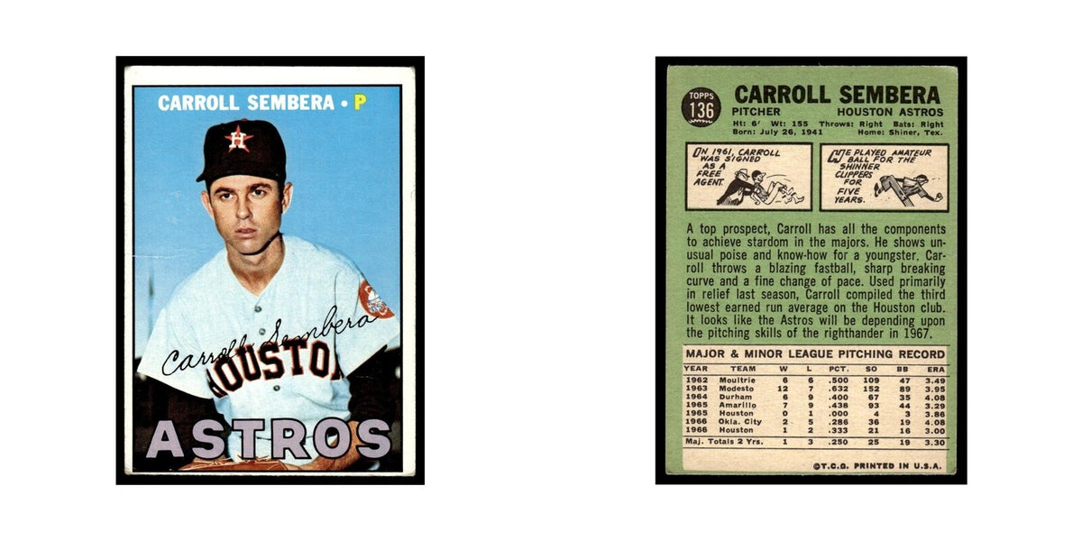 1967 Topps Baseball Card (Damaged) Carroll Sembera Astros #136