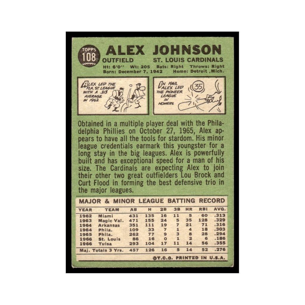 1967 Topps Baseball Card Alex Johnson Cardinals #108